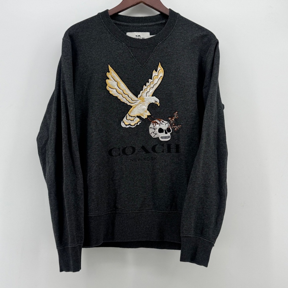 Coach New York Mens Eagle Skull Embroidered Sweatshirt Charcoal Grey Small